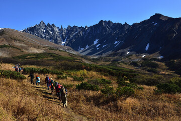 Mountain range Ganalskie Vostryak in autumn in Kamchatka
