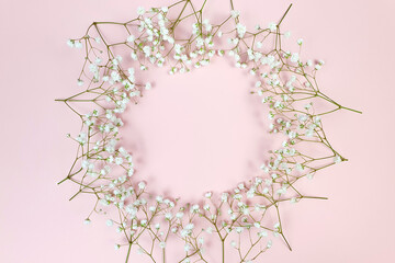 Floral frame, gypsophila flowers on pink background, flower wreath. The place for your cosmetic product is here.
