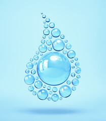 Shiny spheres in the shape of a water drop on blue background
