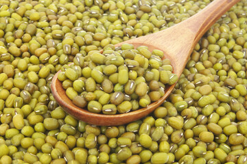 Green beans or mung beans with wooden spoon