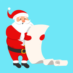 Santa Claus reading a long wish list vector isolated. Christmas and New Year celebration concept. White bearded character in red clothing with a rolled paper sheet