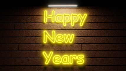 Happy new years neon lights wooden wall background 3D render