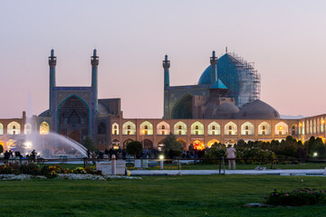 Night View of Shah Mosque or Imam mosque under renovation and sunset,  situated on the south side...