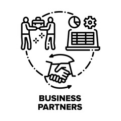 Business Partners Meeting Vector Icon Concept. Business People Communication, Discussing About Project And Investment In Company, Consulting And Selling. Partnership Black Illustration
