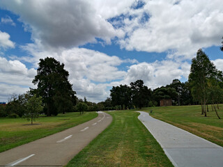 Beautiful view of a park with double trail, cycling and walking trail running along side by side, Rydalmere, Sydney, New South Wales, Australia
