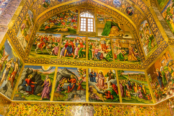 Frescos and gilded carvings of Christianity in the historic buildings of Vank cathedral, Isfahan, Iran