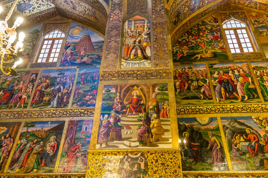 Frescos and gilded carvings of Christianity in the historic buildings of Vank cathedral, Isfahan, Iran