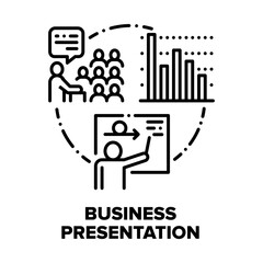 Business Presentation Room Vector Icon Concept. Businessman Presenting Work Planning And Working Process For Profit Increase, Business Meeting Or Employees Education Training Black Illustration