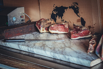 Dried homemade ham in local stores in Njegusi, Montenegro