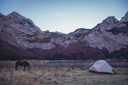 Cold morning during indian summer in moutains around Trnovacko jezero in Montenegro, Sutjeska national park