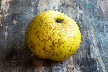 Pomme Reinette d'Armorique en gros plan sur fond de vieilles planches de bois