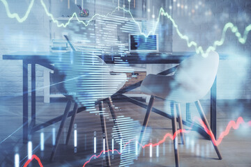 Multi exposure of financial graph drawing and office interior background. Concept of market analysis.