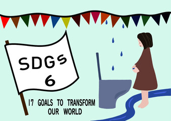 SDGsの項目6「安全な水とトイレを世界中に」をわかりやすくイメージした水を手にした少女がトイレの前に立っているポスター風手描きイラスト