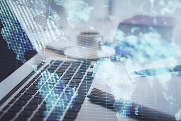 Double exposure of business theme drawing and desktop with coffee and items on table background. Concept of market trading