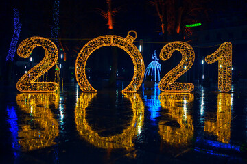 New Year 2021 , decoration inscription . Rainy New Year night 