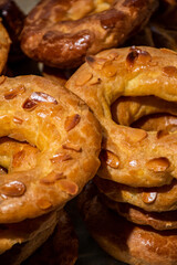 Almond doughnuts, homemade almond donuts. Homemade Spanish pastries with honey, butter and nuts.