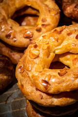 Almond doughnuts, homemade almond donuts. Homemade Spanish pastries with honey, butter and nuts.