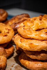 Almond doughnuts, homemade almond donuts. Homemade Spanish pastries with honey, butter and nuts.