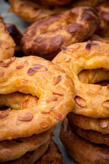 Almond doughnuts, homemade almond donuts. Homemade Spanish pastries with honey, butter and nuts.