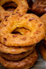 Almond doughnuts, homemade almond donuts. Homemade Spanish pastries with honey, butter and nuts.
