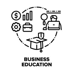 Business Education Courses Vector Icon Concept. Online Business Educational Training And College Graduation, E-learning And Studying Financial Lesson Or Company Working Process Black Illustration