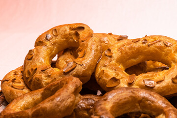 Almond doughnuts, homemade almond donuts. Homemade Spanish pastries with honey, butter and nuts.