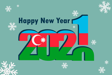 Fototapeta na wymiar New year's card 2021. Depicted: element of the flag of Azerbaijan, festive inscription and snowflakes. It can be used as a promotional poster, postcard, flyer, invitation or website.
