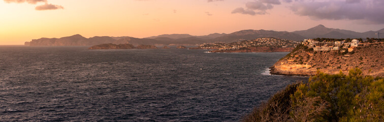 Panoramic view of Santa Ponsa coastline on Mallorca island at sunset from 