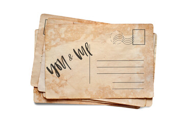 You and me. Lettering on a vintage postcard. Isolated on white