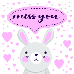 Miss you - text lettering. Romantic vector miss you card, Valentines day. Cute hand drawn animal character bunny rabbit with hearts. Love, distance, separation, romance concept.
