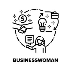 Businesswoman Vector Icon Concept. Businesswoman Business Idea And Work Process Management, Partnership With Partners And Employees Recruitment. Professional Occupation Black Illustration