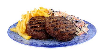 Beef burger and French fries meal with fresh coleslaw isolated on a white background