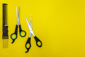 Hairbrushes and scissors, two pairs of texturizing or thinning scissors for haircuts. Copy space,...