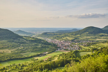 Fototapeta na wymiar Schwäbische Alb (Swabian Alb) near Stuttgart – Germany, Beautiful View, Hilly, Landscape, green, village, horizon, cloudscape