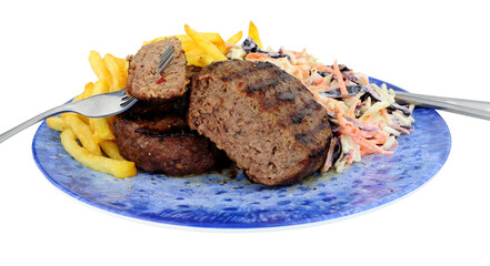 Beef burger and French fries meal with fresh coleslaw isolated on a white background