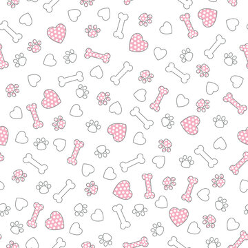 Cute Icon bone, heart, finger print dog pattern, different dogs seamless wallpaper. Valentine's day concept.