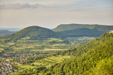 Fototapeta na wymiar Schwäbische Alb (Swabian Alb) near Stuttgart – Germany, Beautiful View, Hilly, Landscape, green, village, horizon, cloudscape