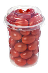 Cherry tomatoes in plastic cup isolated on white