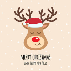 Reindeer cute cartoon close up with santa hat. Merry Christmas greeting card.