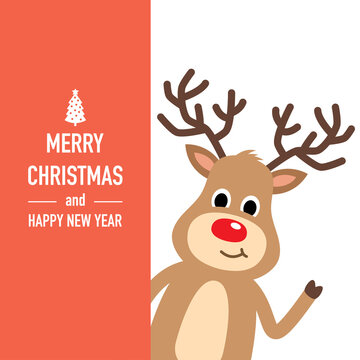 Reindeer with merry christmas banner. Cheerful reindeer celebrating Christmas.