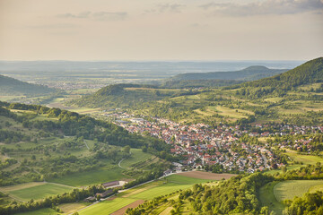 Obraz premium Schwäbische Alb (Swabian Alb) near Stuttgart – Germany, Beautiful View, Hilly, Landscape, green, village, horizon, cloudscape
