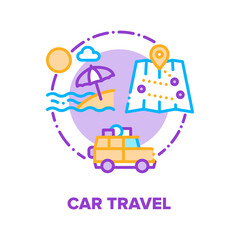 Car Travel Summer Vacation Vector Icon Concept. Car Trip With Family On Beach, Holiday Adventure On Automobile, Tourist Traveler Journey On Transport With Map. Auto Tour Color Illustration