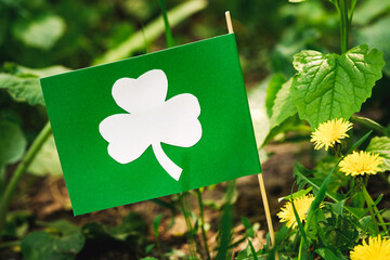 Flag with the image of clover on a background of green grass