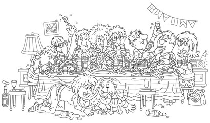 Obraz premium Joyous celebration with funny, noisy and slightly drunk guests at festive tableful of various drinks and tasty food, black and white outline vector cartoon illustration