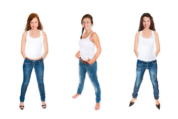 Obraz premium Full length portraits of three gorgeous young women wearing blue jeans and white tops, isolated on white studio background