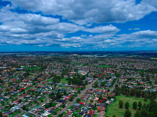 Panoramic drone aerial view over St Clair Sydney western suburbs NSW Australia