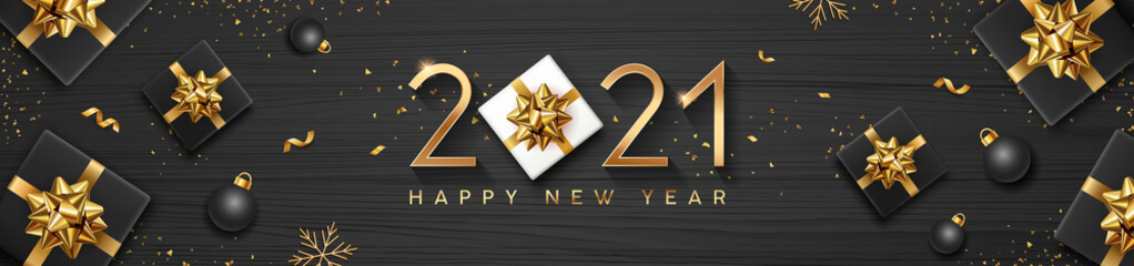 Obraz na płótnie Canvas 2021 Happy new year, black gift box golden ribbon, black ball, snowflake, concept design on black wood background, EPS 10 vector illustration