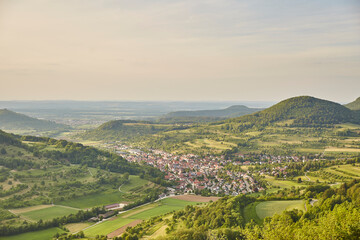 Schwäbische Alb (Swabian Alb) near Stuttgart – Germany, Beautiful View, Hilly, Landscape, green, village, horizon, cloudscape