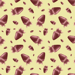 Chocolate strawberries on beige sandy background. Hand drawn seamless pattern. Tasty dessert pattern.
