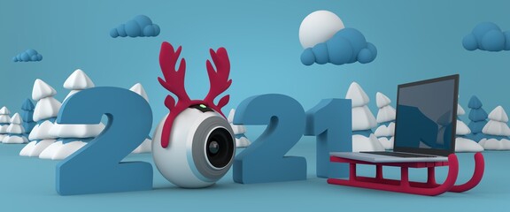 Celebrating the new year online, online party in 2021, video call concept, minimal cartoon style scene